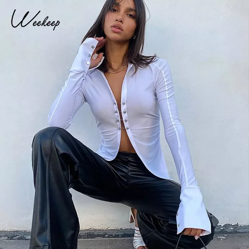 

Weekeep Sexy Streetwear White Blouse Women Skinny Hollow Out Cropped Top Party Club V Neck Fashion New Fashion Shirt 2021 Summer