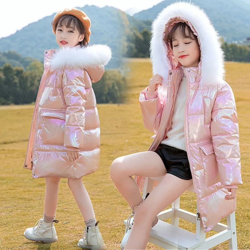 

2022 New Girls Shiny Down Jackets Winter Outerwear Girls Windproof Long Parkas Warm Coats Kids Clothing For 5-14Y Girls Jackets