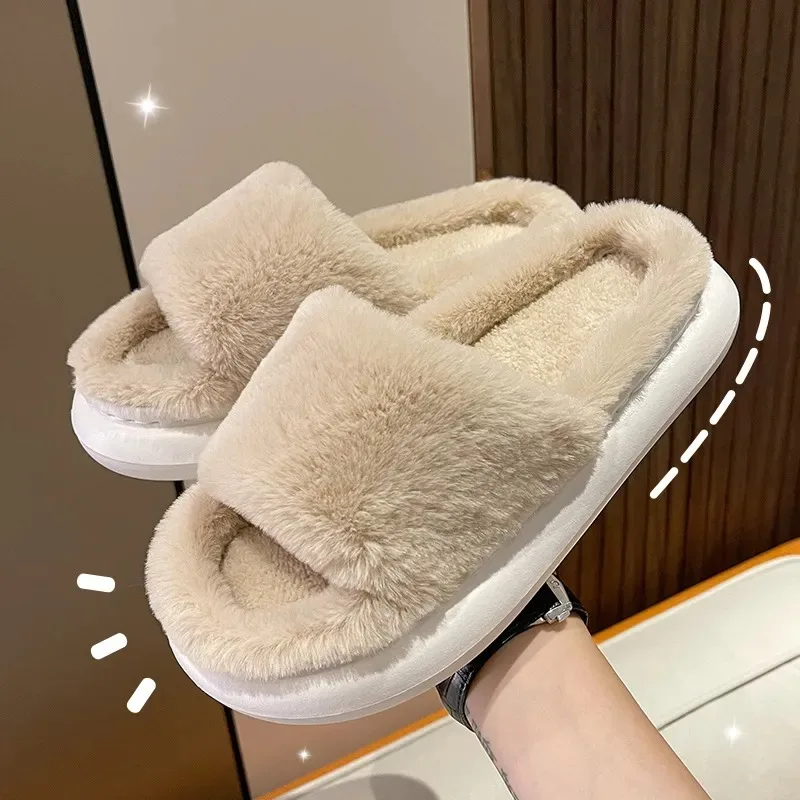 

2023 New Fur Slippers Women Couple Winter Indoor Thick Bottom Opening EVA Soft Cotton Slippers Home Solid Color Plush Slipper