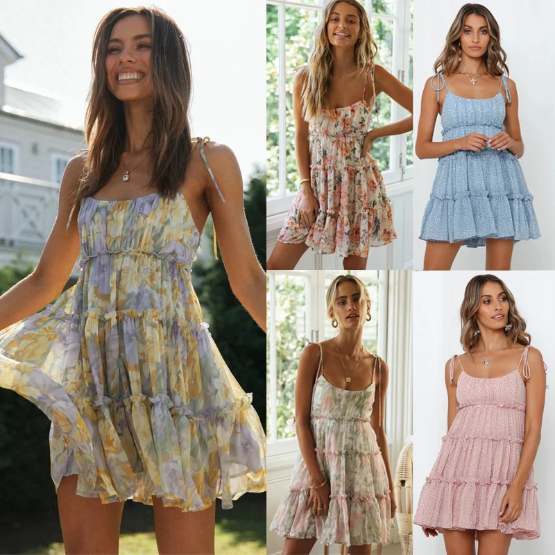 

Women's Slip Floral Dress Spring Summer 2023 New Wood Ear A-line Dress Resort Style Sexy Printed Camisole Dress Women