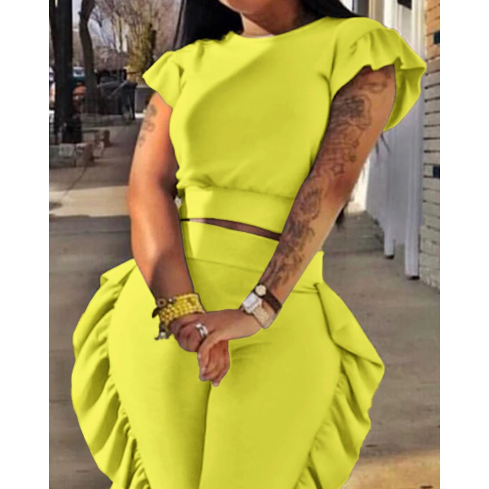 Women Solid Short Sleeve Crop Top & High Waist Butterfly Side Pencil Pants Set Femme Fashion Two-Piece Set Casual Party Outfits