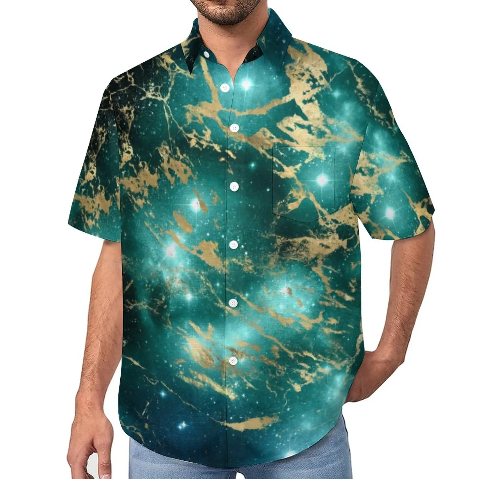 

Black Green Starry Night Loose Shirt Beach Space Marble Print Casual Shirts Hawaii Graphic Short Sleeves Trendy Oversize Blouses