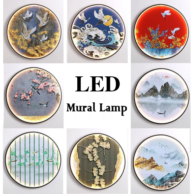 Modern Chinese Style Round Alloy 3D Crystal Porcelain Landscape LED Mural Lamp Wall Lamp Tricolors Rechargeable EU Plug in Type