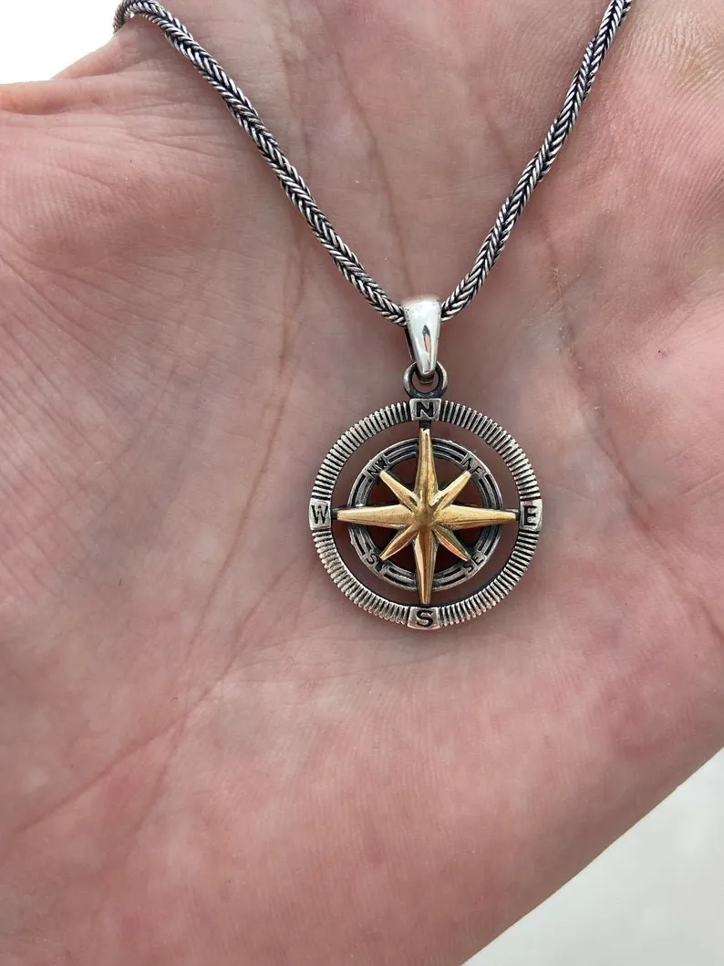 Компасное ожерелье Северная стрелка звезда серебряное мужское 925k стерлинговый подарок на шнурке