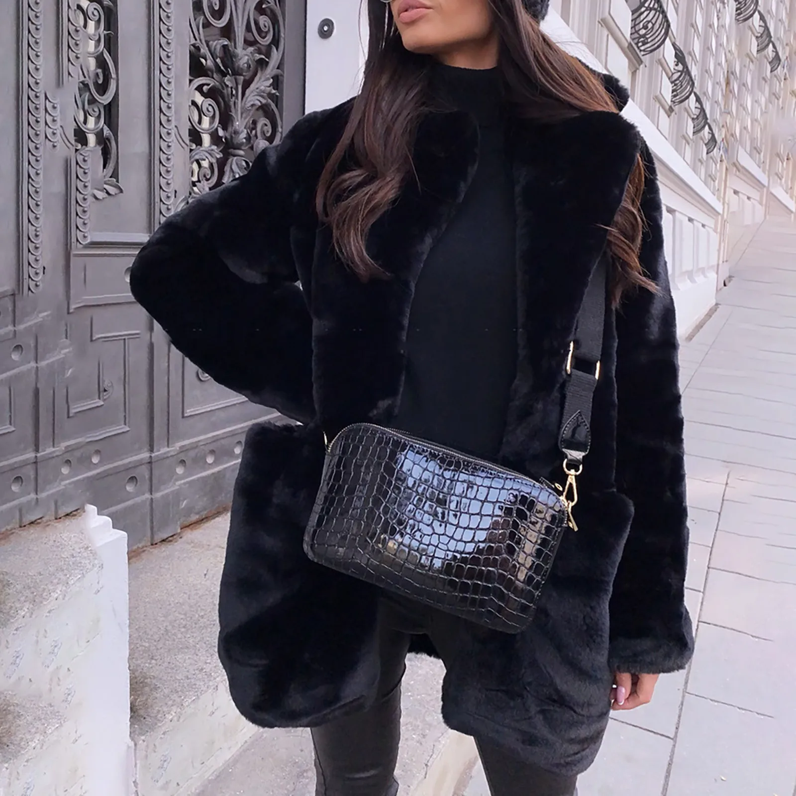 red Women Warm Luxury Faux fur Trench Coat Warm  Solid h Long Sleeve Lapel Jacket Cardigan Pockets Fleece Furry