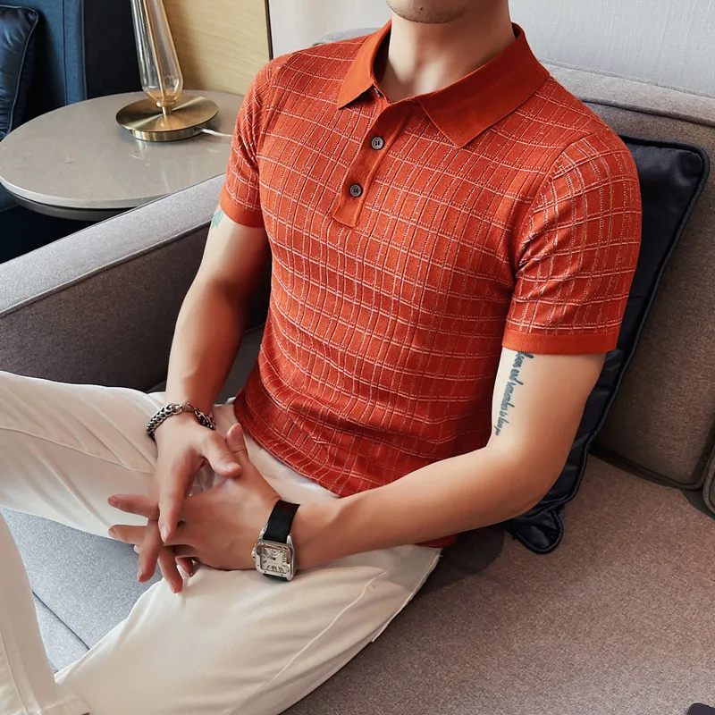 

Мужская Высококачественная деловая Повседневная рубашка-поло с коротким рукавом/Мужская облегающая вязаная Модная рубашка-поло в клетку с отворотом