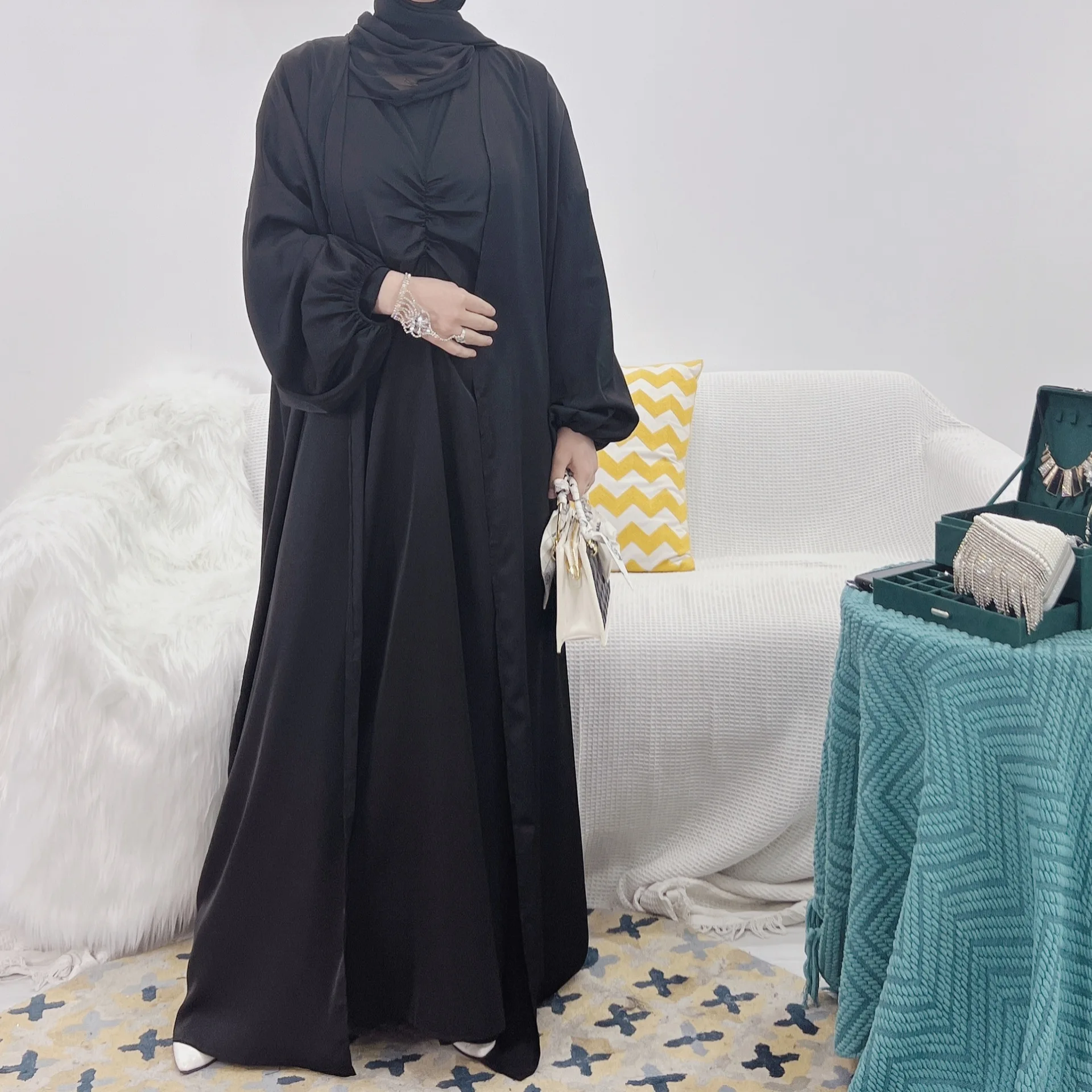 Рамадан ИД, мусульманская Мода, однотонный комплект из двух предметов, Дубайский хиджаб, платье, Турецкая одежда, мусульманское платье для ж...