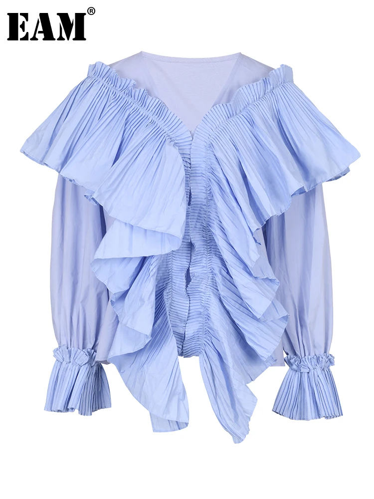 

[EAM] женская синяя плиссированная элегантная блуза большого размера, новая свободная рубашка с v-образным вырезом и длинным рукавом, модная д...