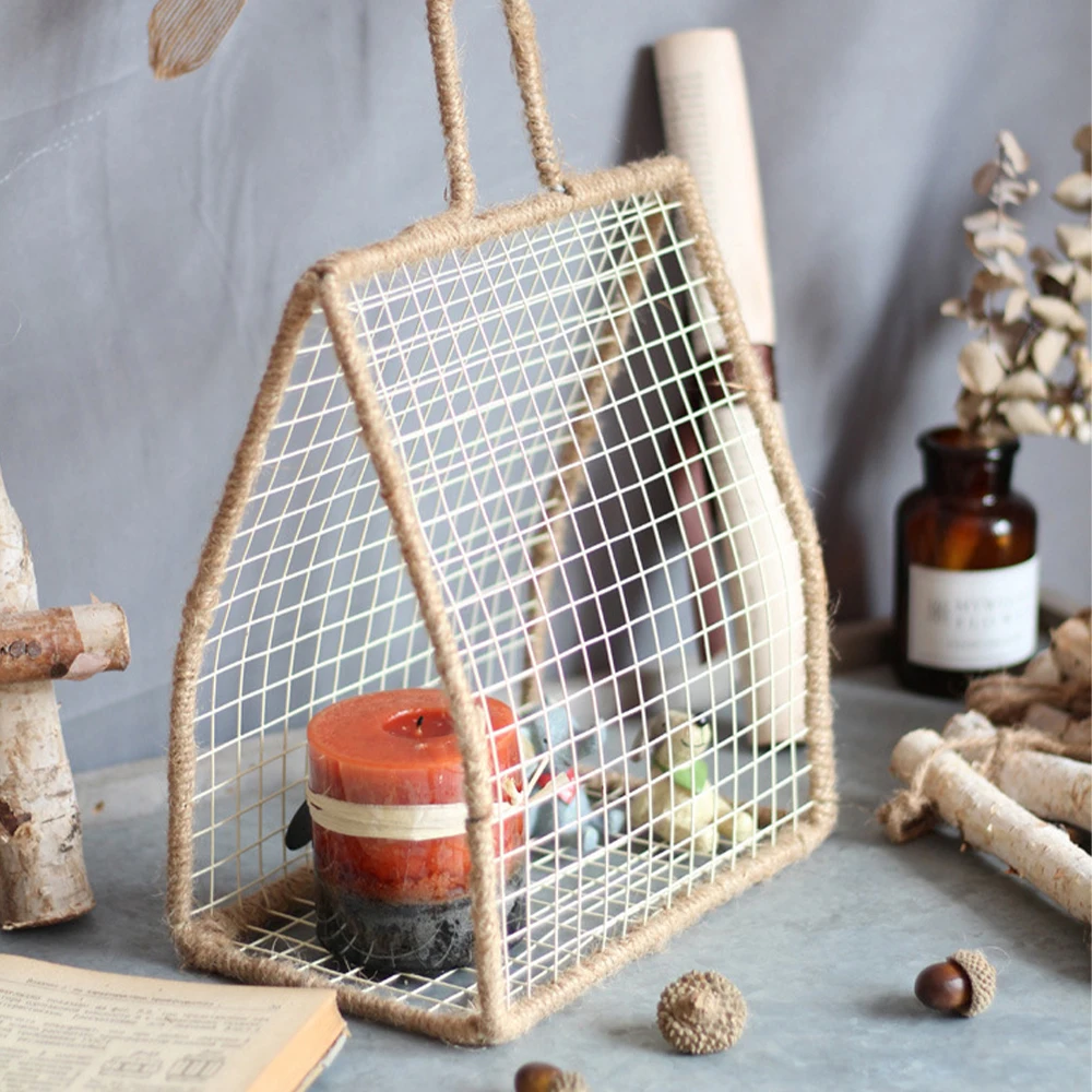 

Home Art Decoration Iron Wire Woven Wall Hanging Rack Sundries Storage Box Basket Mesh Shelf Plant Holder Desktop Organizer