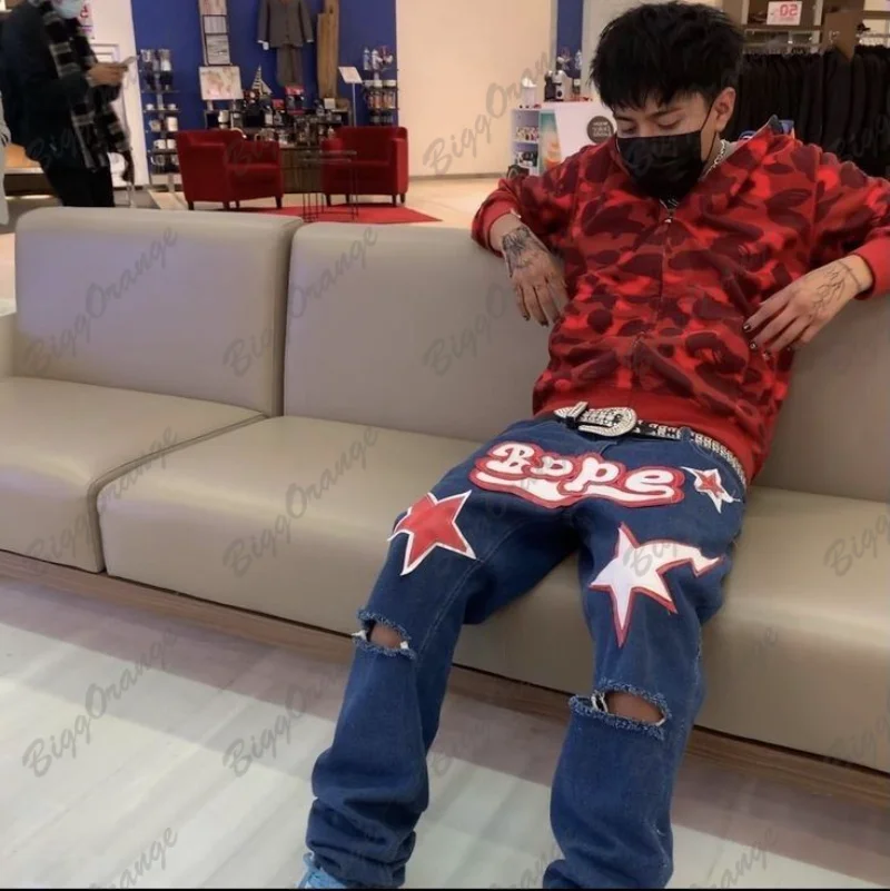 High-quality Hip Hop Fashion Streetwear Star Print Hole Jeans American Retro Low Waist Loose Denim Pants Y2K Straight Pants Man