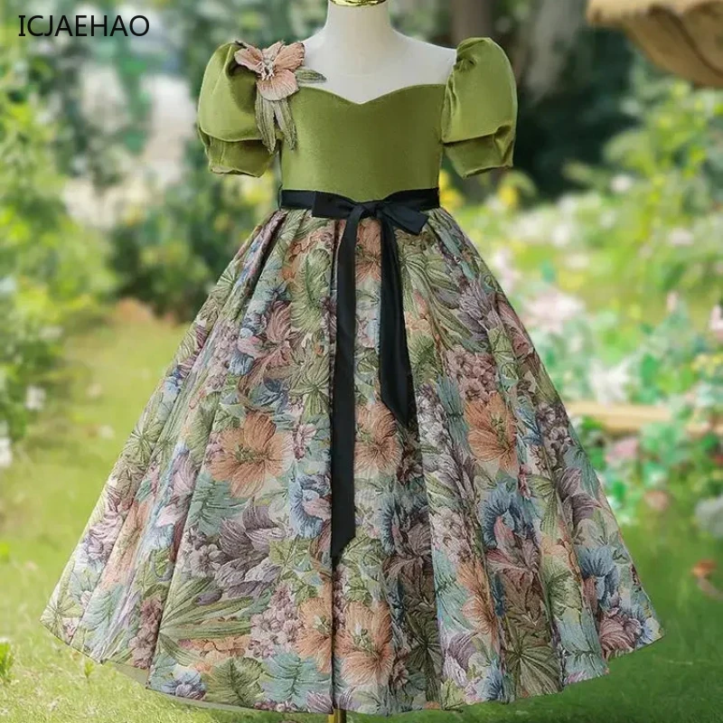 Детское лоскутное платье с цветочным принтом и бантом детское винтажные бальные