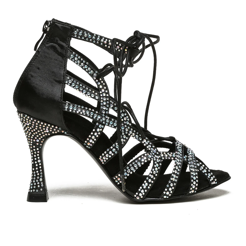 DKZSYIM Women Rhinestone Latin Dance Shoes Salsa Ballroom Shoes Suede Sole Cuba High Heel High-Quality Lace up Dance Shoes