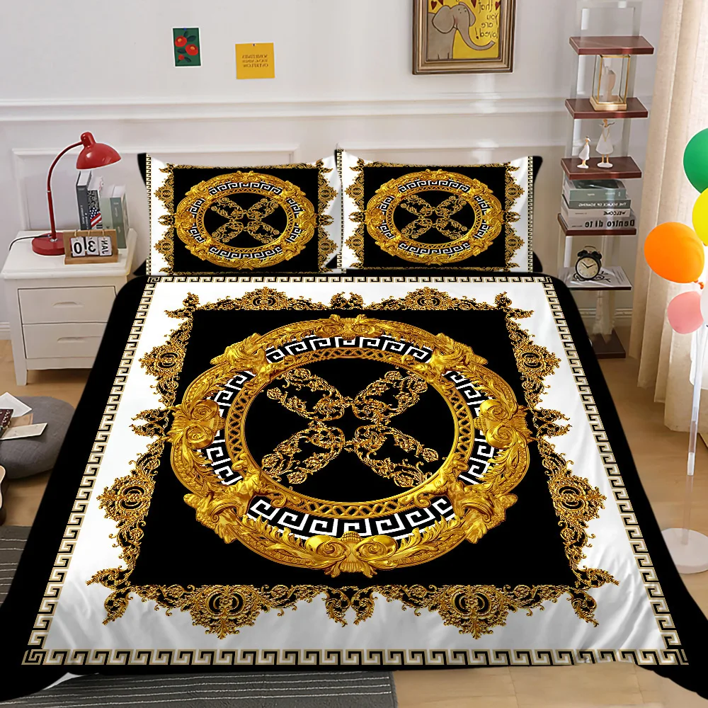 

Vintage Golden and Black Chain/ Leopard Print Quilt Cover and Pillowcase Luxury Fashion Bedroom Set Queen