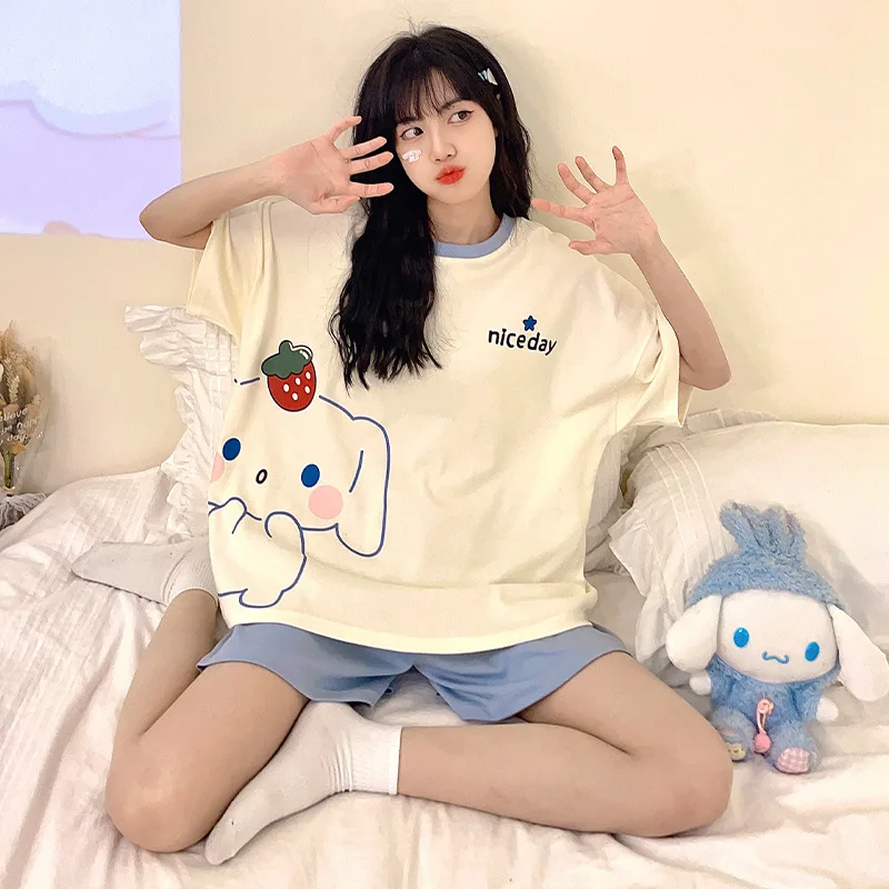 

Новая мода кавайная Пижама Sanrio Cinnamoroll с коротким рукавом женский костюм оверсайз с круглым вырезом мультяшный комплект Домашняя одежда шорты для улицы