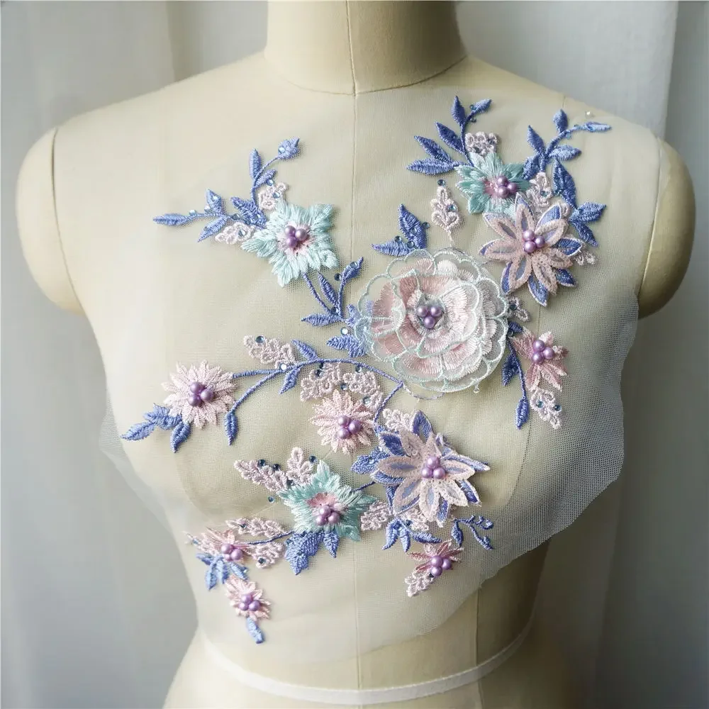 Коричневая фиолетовая розовая кружевная ткань 3D цветы Аппликации бусины вышивка