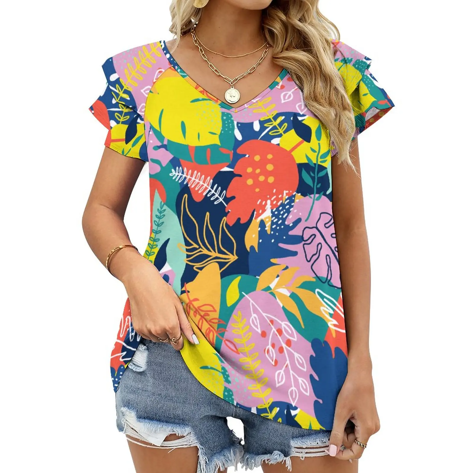 

Fashion Woman Blouse 2023 T-shirt Women's Clothing Free Shipping Offers Ruffled V-neck Top Y2k Style