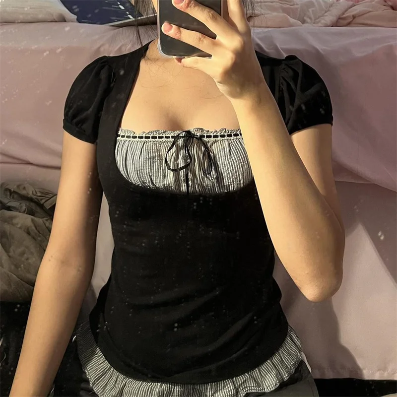 

CHRONSTYLE Y2K Vintage Women Striped Patchwork T-shirts Crop Tops Square Collar Bow Ruffle Hem Short Sleeve T-shirts Summer 2022