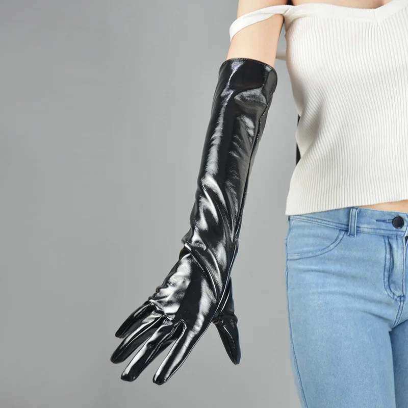1Pair Fashion Patent PU Leather Extra Long Gloves Women Ladies Long Sunscreen for Dress Stage Performance Mittens