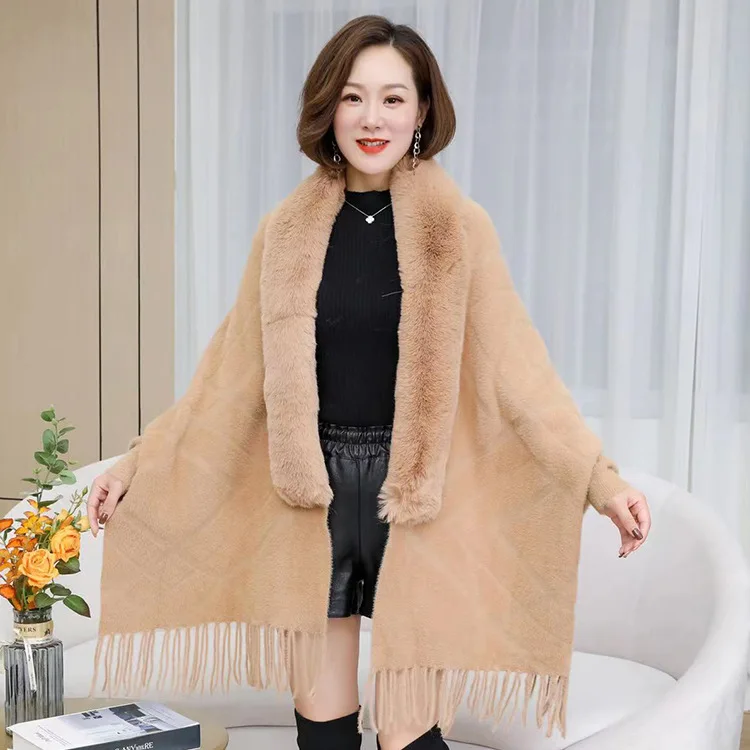 

Winter Imitation Sable Knitted Shawl Imitation Rex Rabbit Cape Fur Collar Tassel Poncho Fashionable Upscale Capes Khaki Cloaks