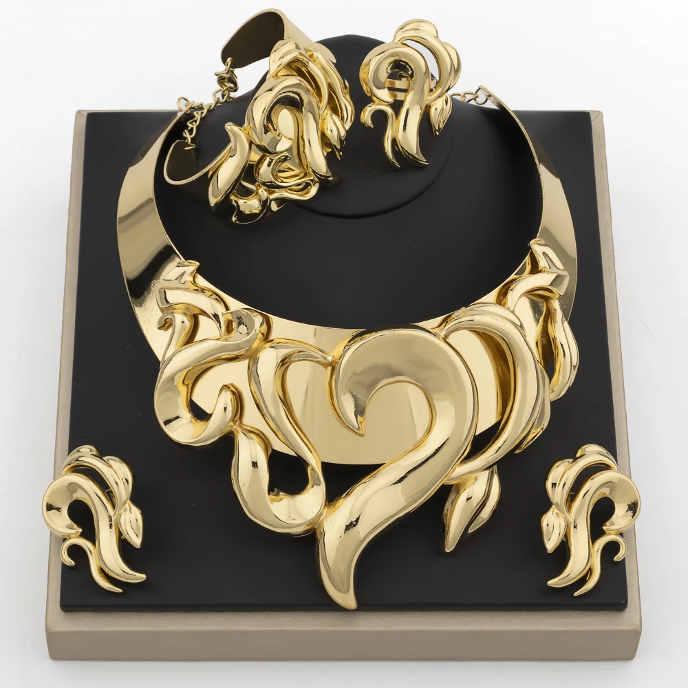 

YM Dubai Gold Color Jewelry Sets for Women Nigerian Wedding Jewelry Fashion African Copper Necklace Earrings Bracelect Rings