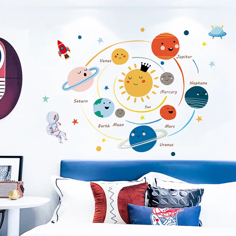 

Cartoon Kids Wall Stickers Solar System DIY Boy Girl Baby Bedroom Decor Aesthetic Nursery Wall Decals Art Poster