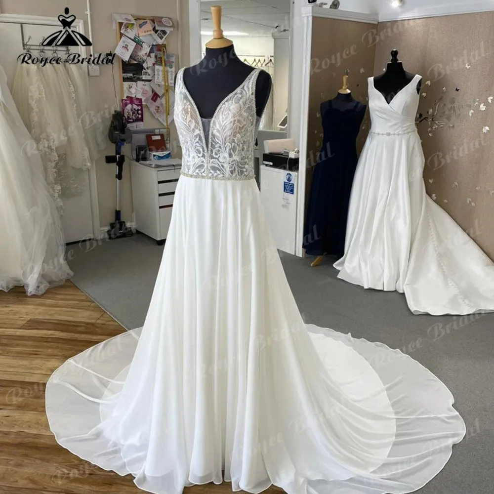 

mariage robe Plunging Lace Bodice Chiffon Beach Wedding Dress for Women 2024 V Neck Boho Wedding Gown vestido noiva boho chic
