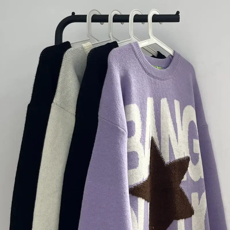 Корейский стиль K-pop свитера для мужчин в стиле хип-хоп с надписью и вышивкой Звезд