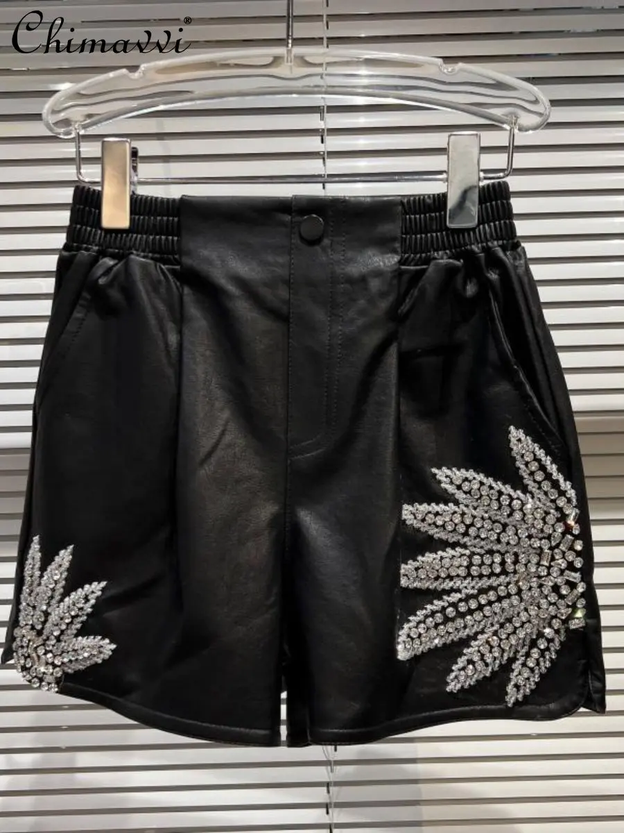 

Streetwear Shorts 2022 Autumn New Fashion Rhinestone Beaded Leaves Pattern Elastic Waist Shorts PU Leather Wide Leg Short Pants