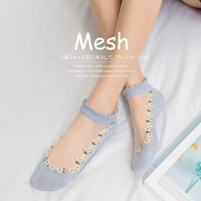 5pairs Floral  Floral Lace Socks Women's Summer Thin Spun Glass Crystal Ankle Socks Breathable Sweat Absorbing Socks Wide Mouth