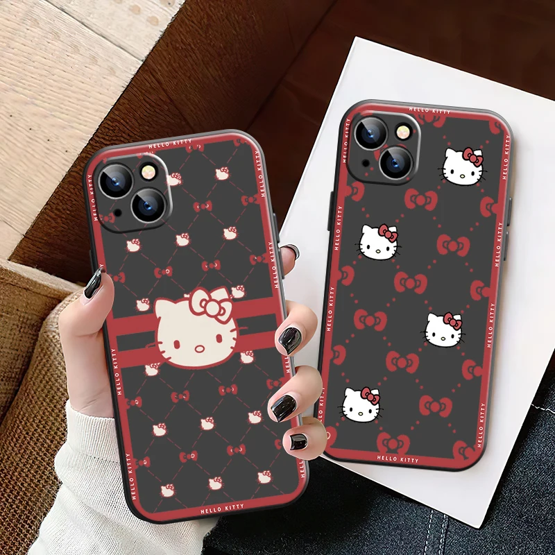 

Hello Kitty Phone Case For iPhone 11 12 13 Pro MAX 6 6S 7 8 Plus X XS XR Mini SE 2020 Funda Liquid Silicon Carcasa Black Soft