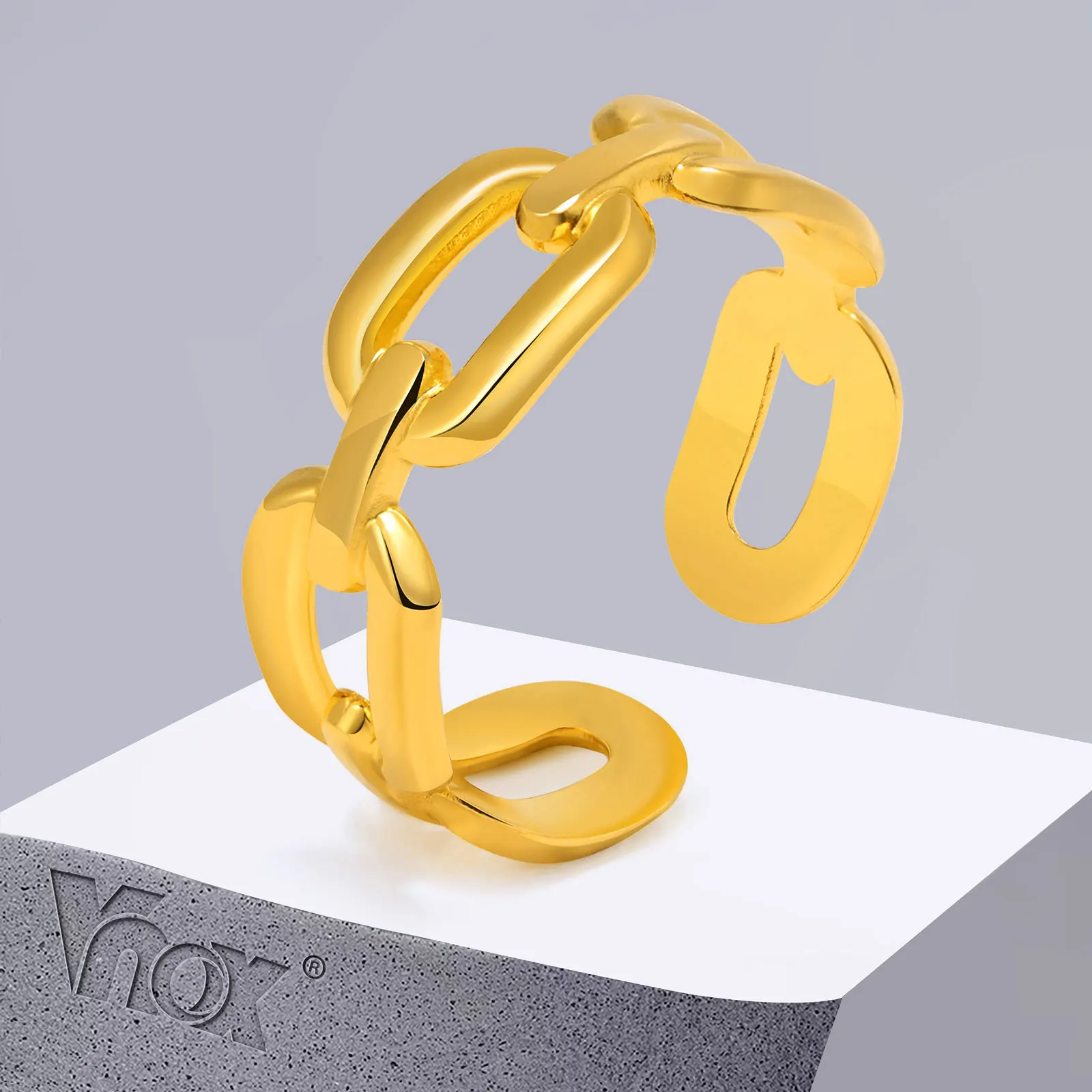 

Vnox 7mm Women Rings, Gold Color Stainless Steel Cuban Anchor Chain C Shaped Finger Band, Resizable Chic Dainty Ring