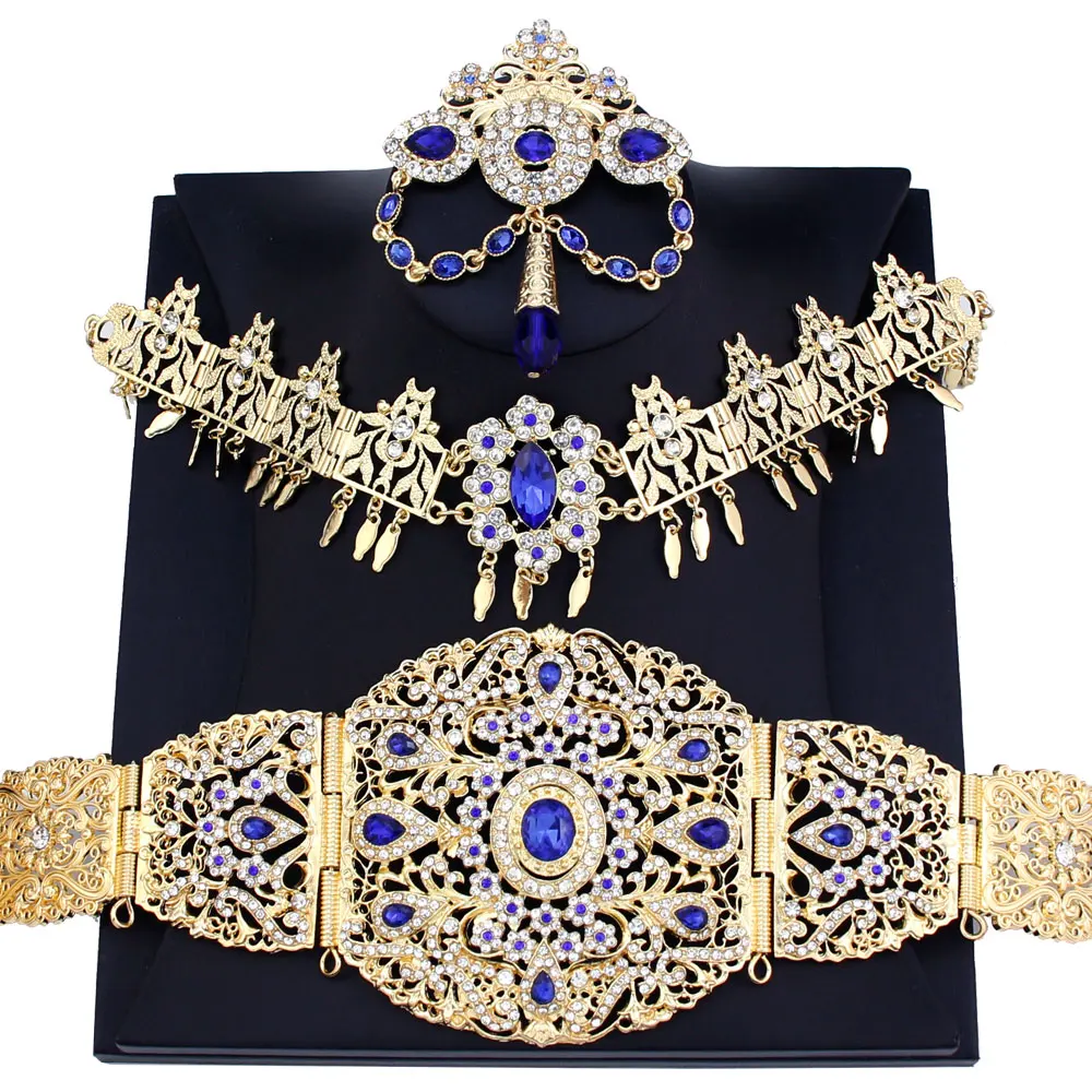 

Neovisson Chic Algeria Bride Jewelry Morocco Caftan Belt Women Forehead Chain Tiaras Brooch Sets Gold Color Crystal Body Chain