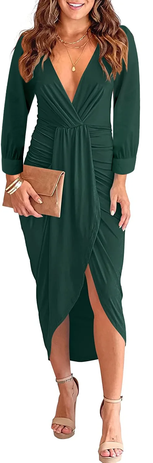 

Sexy Costume Women Party Dresses 2022 Solid Color V-neck Slit Dress S-XXL