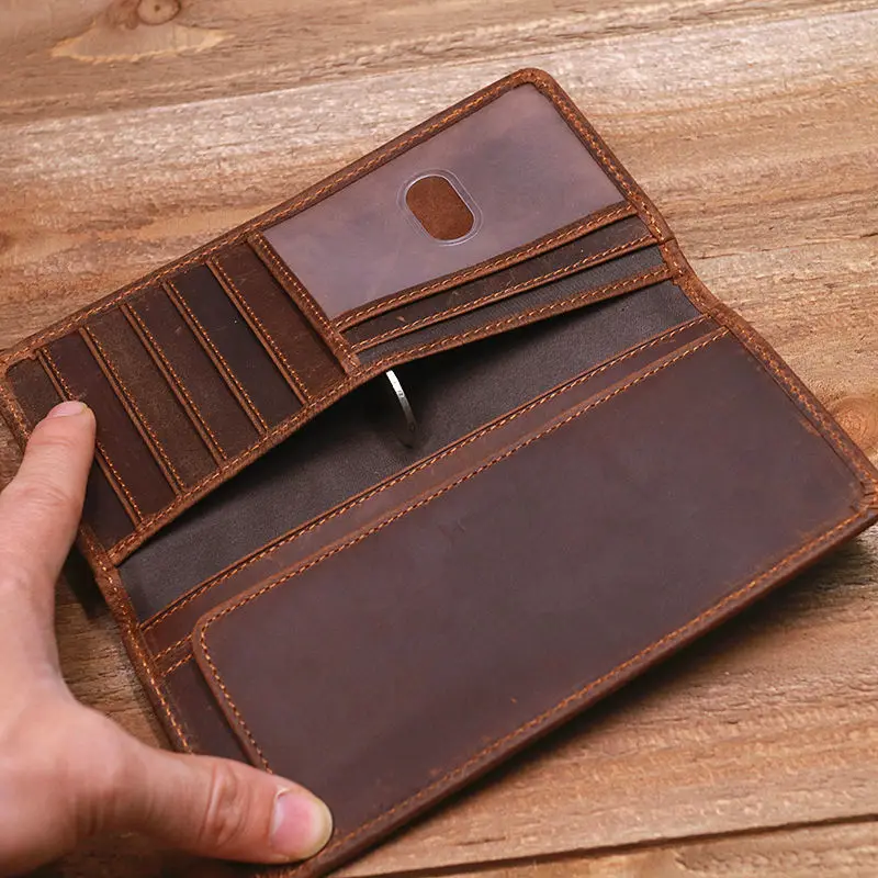 Retro Men's Wallet Genuine Leather First Layer Leather Wallet Unisex Long Casual Simple Fashion Long Wallet Coin Holder 1081
