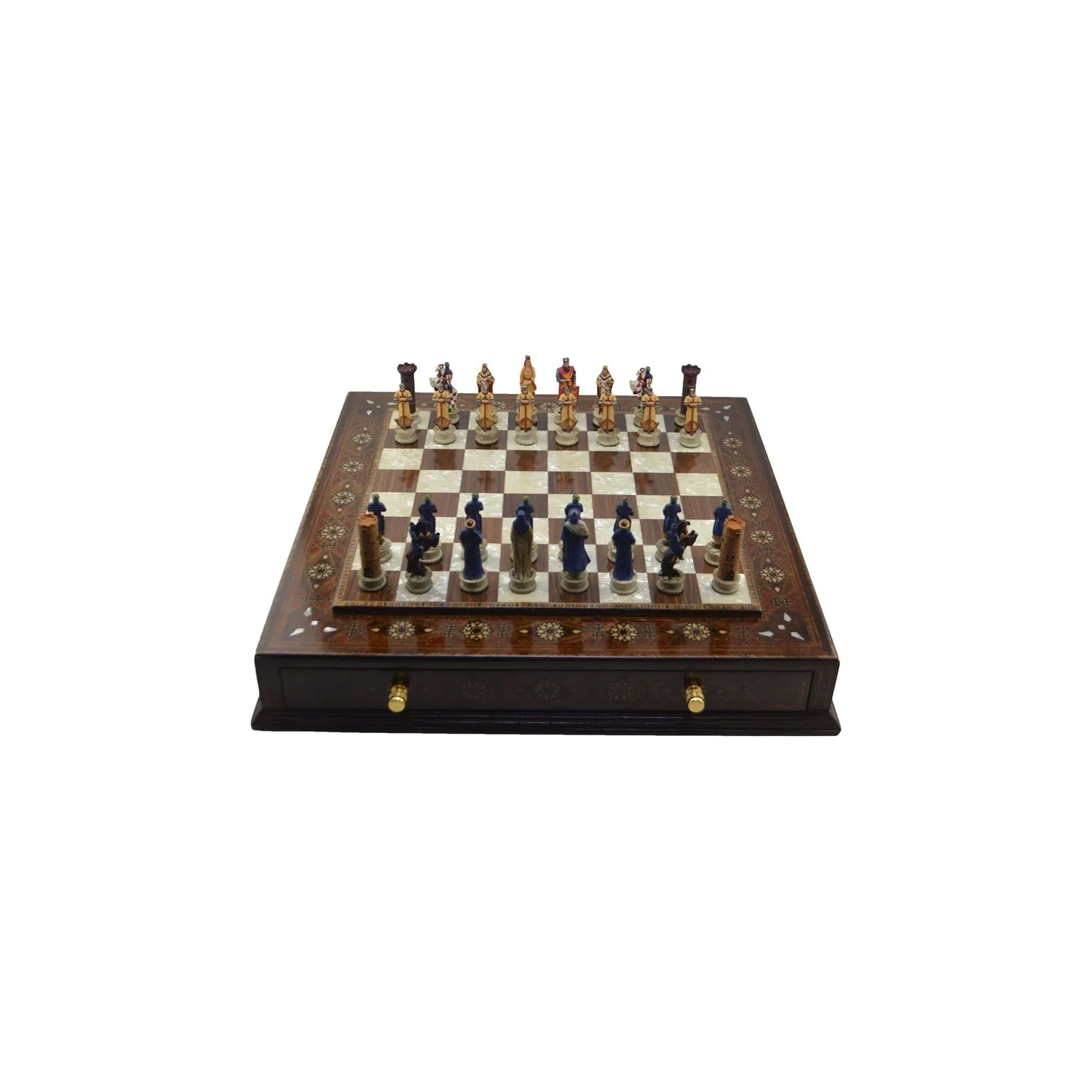 

Подарочный набор шахматных комплектов, средний Seljuk Crusaders полиэфирный перламутровый K. Ящик из грецкого ореха, декоративная доска
