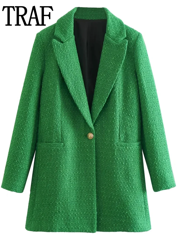 

TRAF Green Coat Women Winter 2023 Heavy Jackets Tweed Long Overcoat New In Outerwears Korean Fashion Elegant Womens Jackets