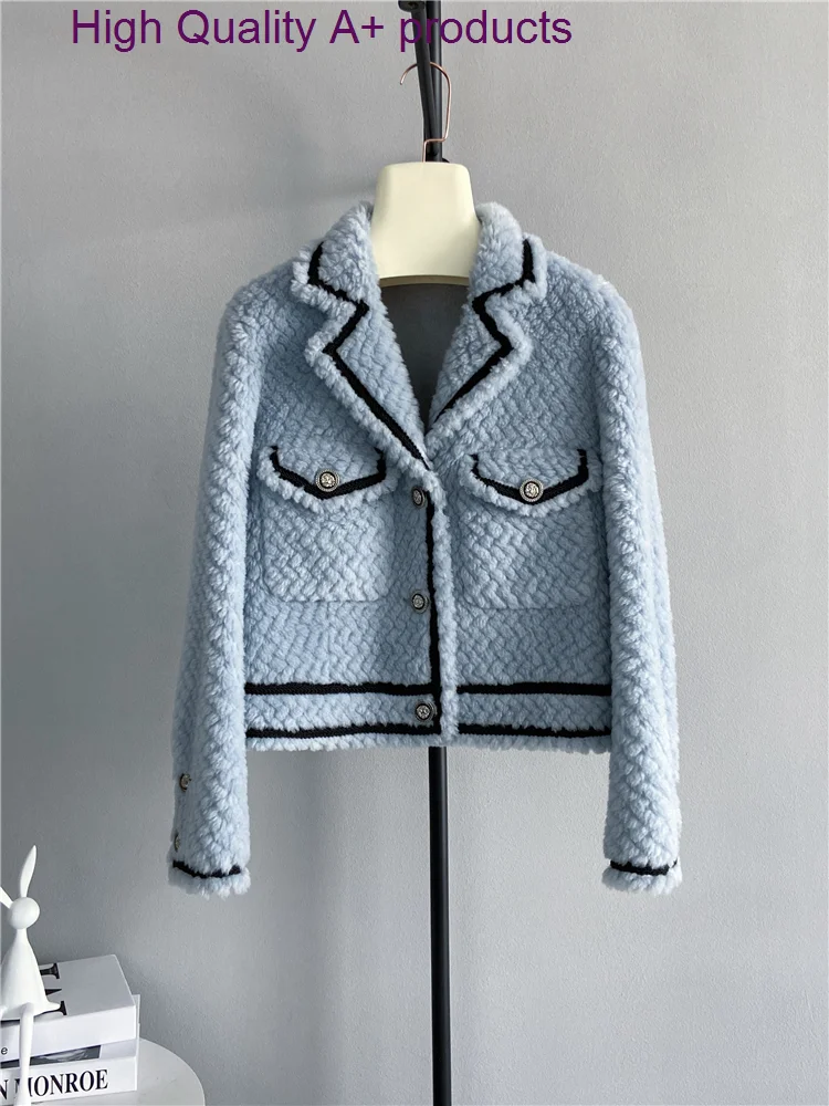 

Genuine luxury Short suit collar color contrast grain lamb wool Autumn and winter 2023 new small sheep shearing coat Haining