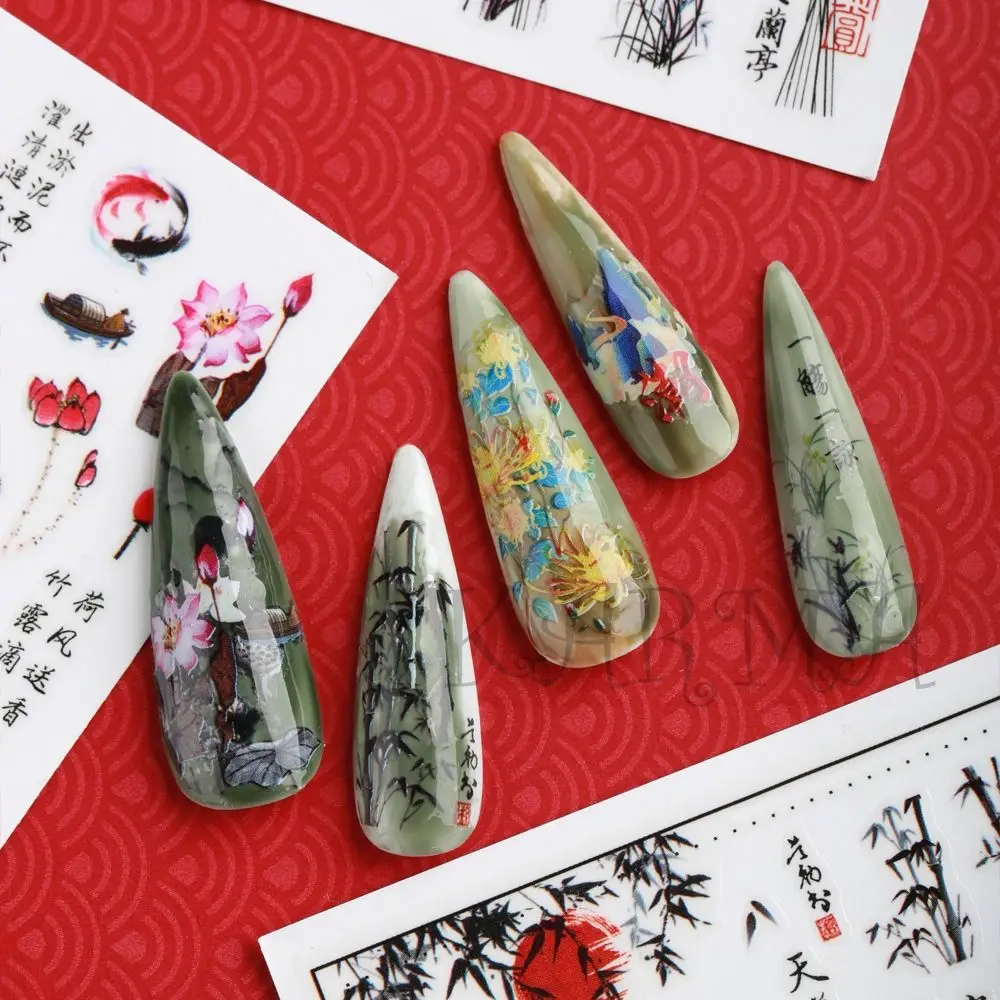 

3D Plum Blossom Calligraphy Bamboo Leaves Ancient Poetry Chinese Character Nail Decals Manicure Charms Manicure Decoration