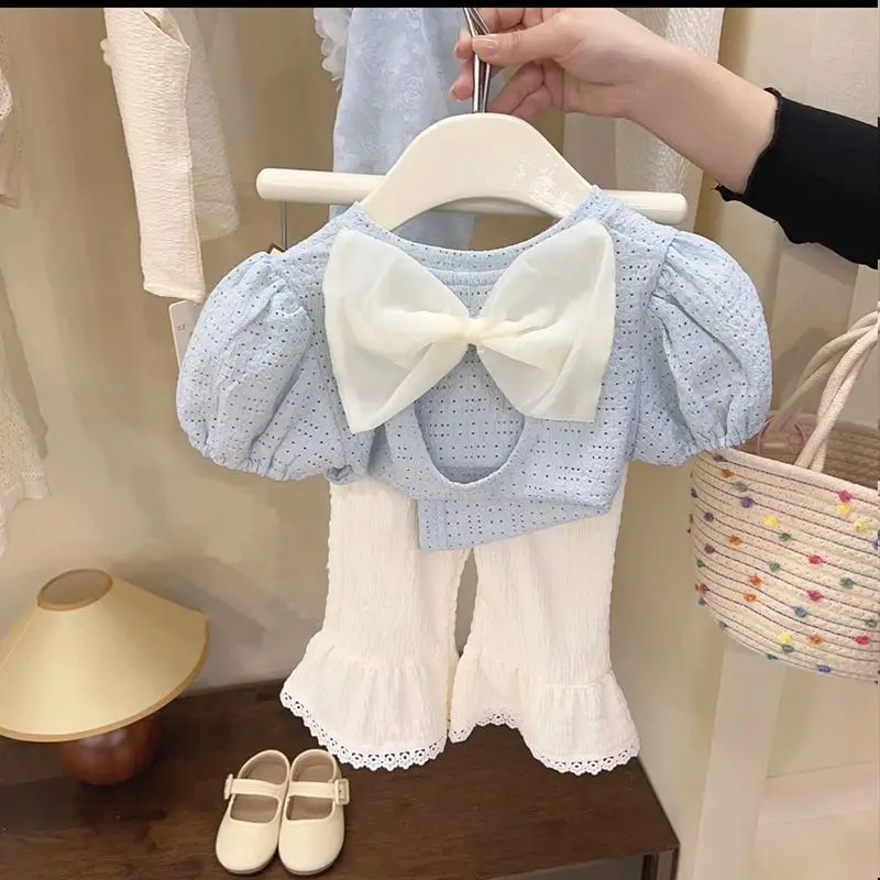 

Girls Clothing Sets New Summer Shirt+Pants Backless Bowknot Bell Bottoms Wide-Leg Pants 2Pcs Fashion Baby Kids Clothes Suit