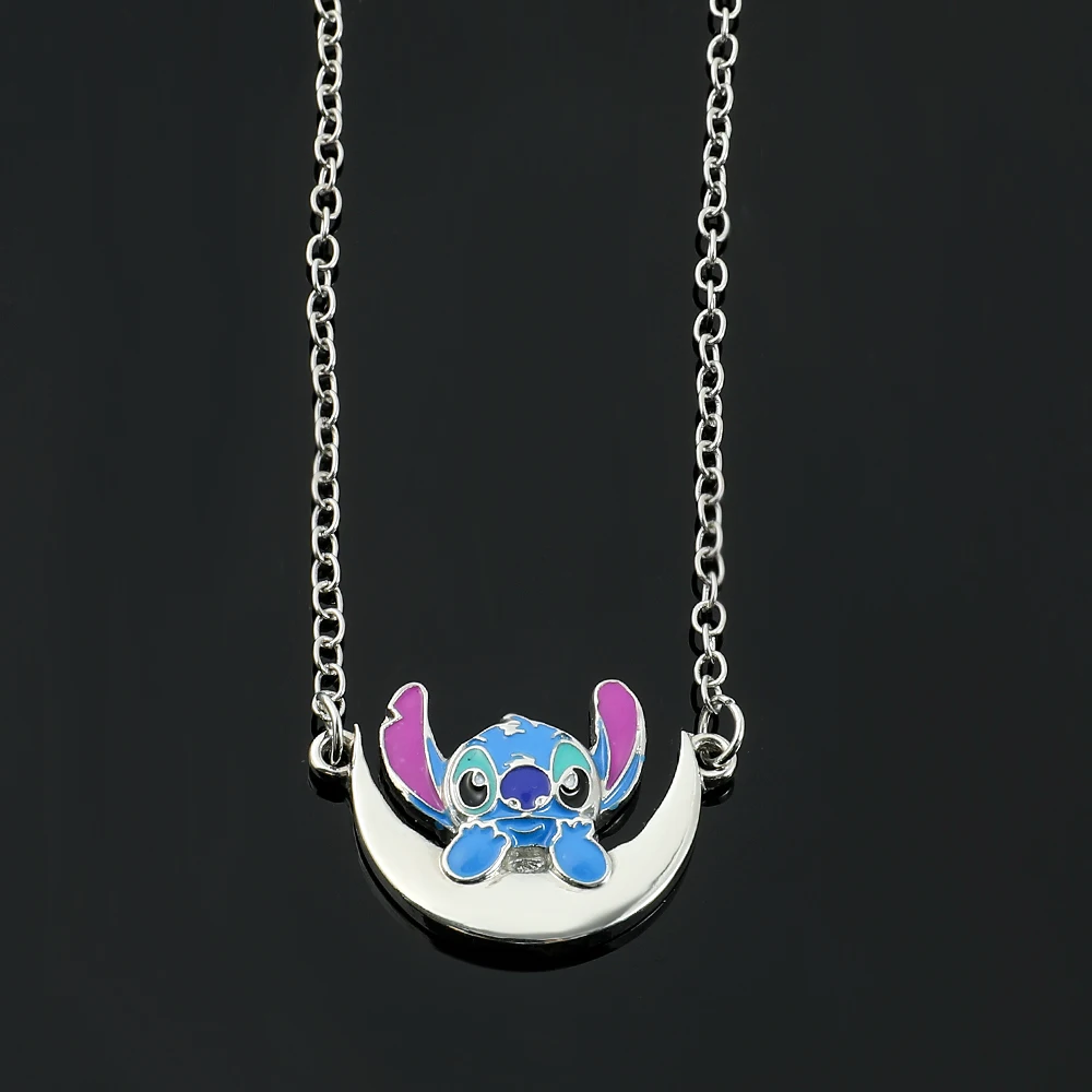 

Disney Lilo and Stitch Necklace Silver Plated Crescent Half Moon Pendant Inspired Gifts Ohana Family Jewelry for Women Girls