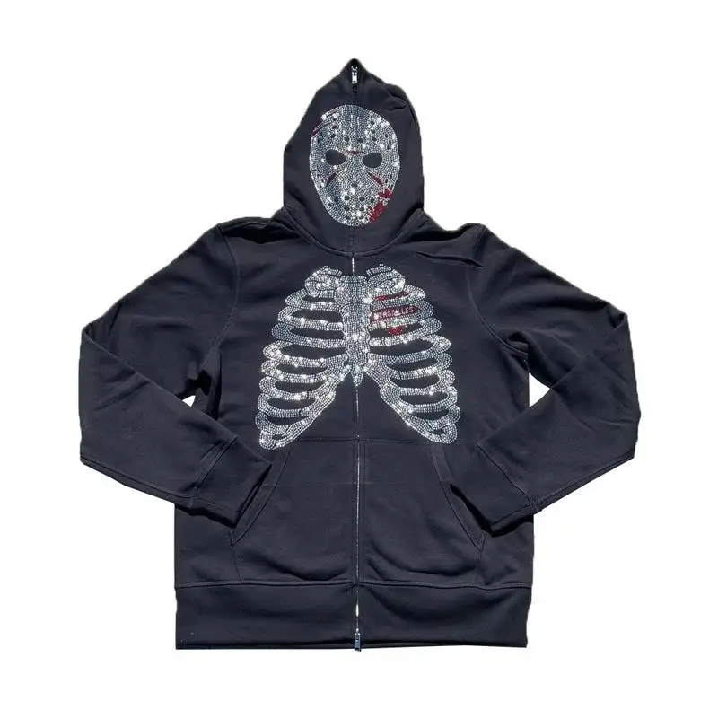 

Full Zip up Skeleton Hoodie Y2K Men Rhinestones Skull Hoodies Mens Streetwear Goth Sweatshirt Oversized Clothing Stranger Things