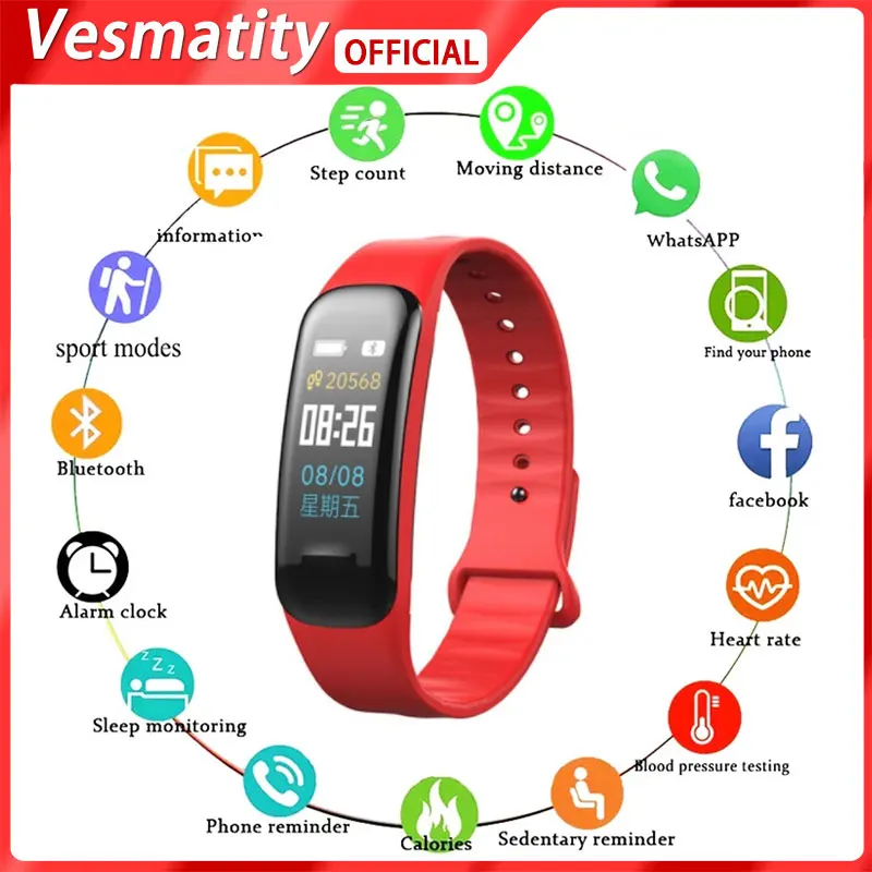 

Vesmatity C1plus Color Screen Smart Bracelet Waterproof Bluetooth Watch Pedometer Heart Rate Blood Pressure Sports Smart Watch