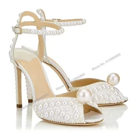 new women pearl sandals peep toe stilettos thin high heel sandals white fashion summer wedding shoes for women girls sandals