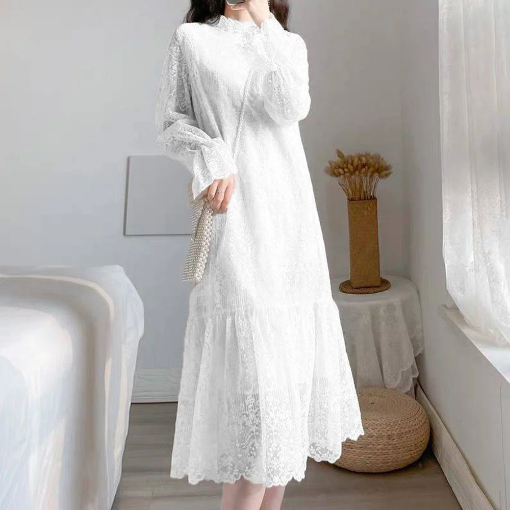 

Retro Loose Party Women Dresses Lace Floral Half High Collar Long Sleeve Tight Waist Straight Party Midi Dress Women платье 2XL
