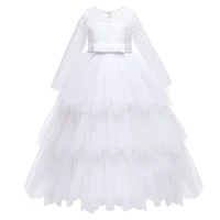 4 14 years europe summer party dress girl lace long sleeve princess cake mesh dress piano host birthday wedding dress