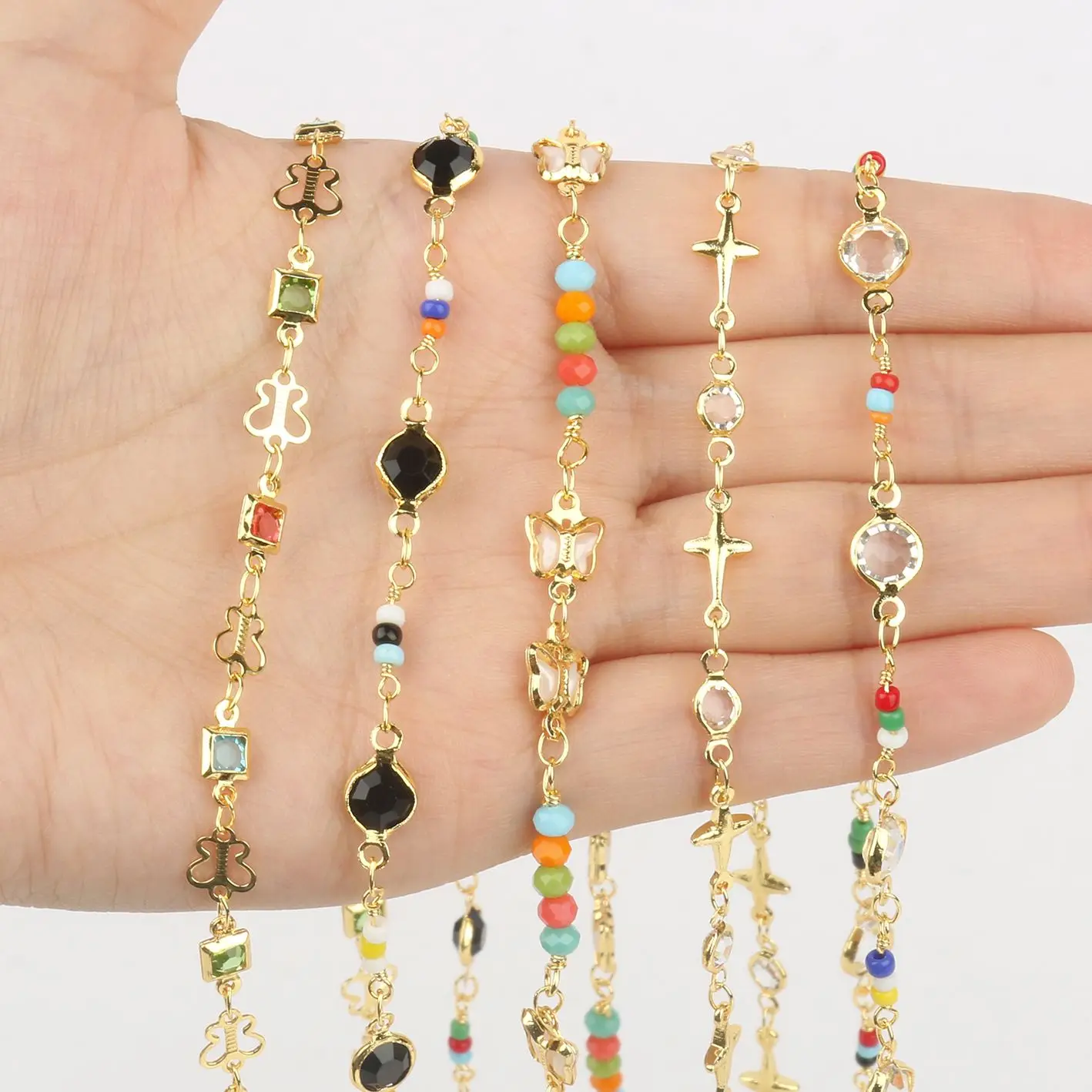 

1M Gold Color Stainless Steel Crystal Acrylic Beads Chains for Bracelets Necklace Ankles Jewelry Making DIY Accessories
