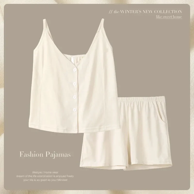 

Пижама женская летняя хлопковая тонкая без рукавов шорты на бретелях сексуальное нижнее белье Женский комплект из 2 предметов Домашняя оде...