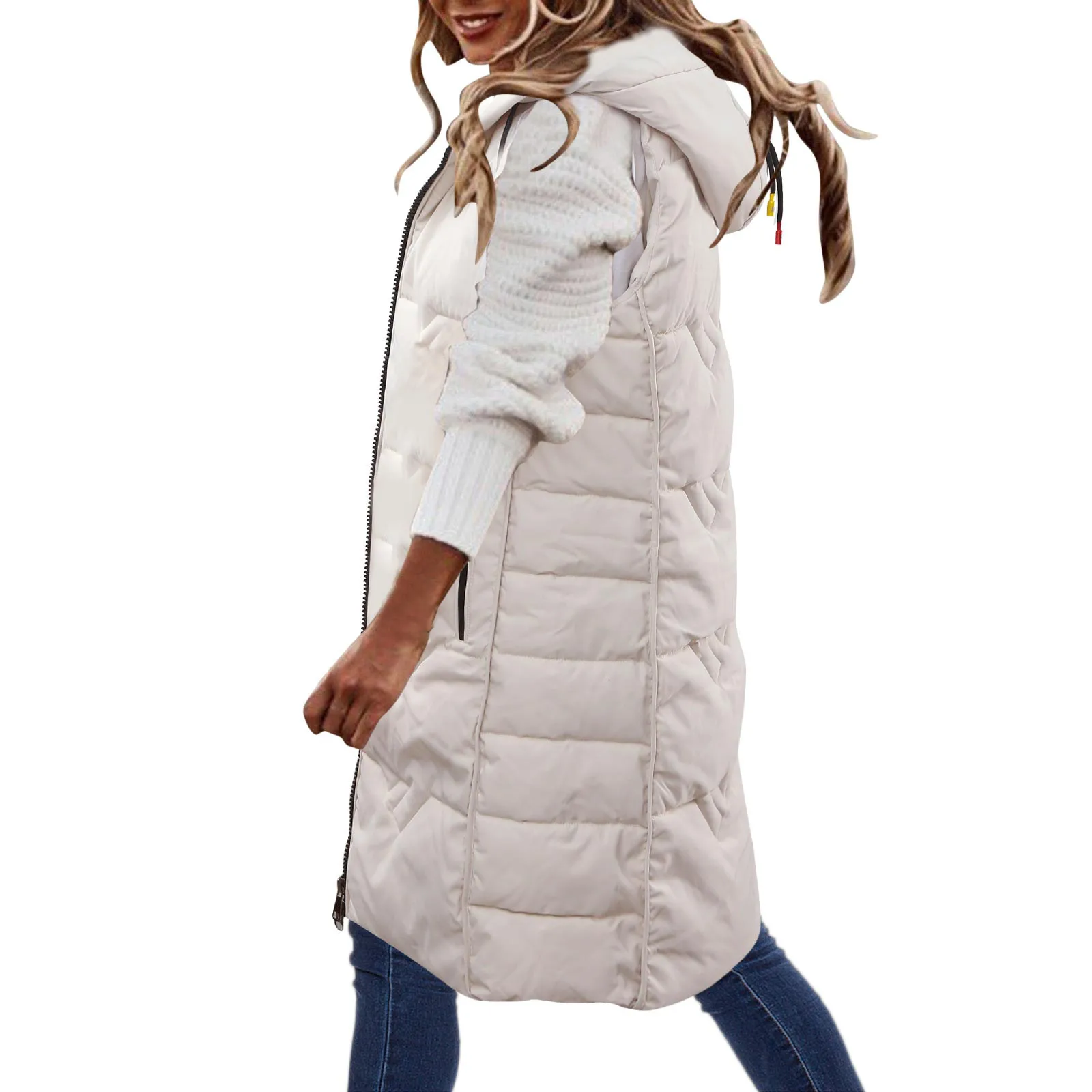 Womens Sleeveless Down Vest Coat Long Quilted Vest Hooded Button Down Puff Vest Cotton Padded Jacket Winter warm Outerwear