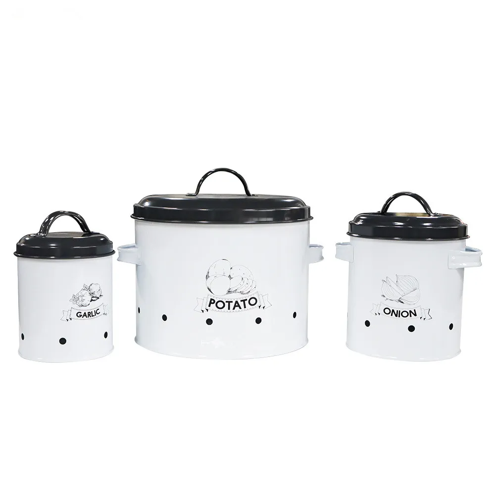 

3pcs/set Potato Storage Canisters Kitchen Vegetable Onion Garlic Storage Bucket Round Metal Bin With Lid Long Shelf Life White