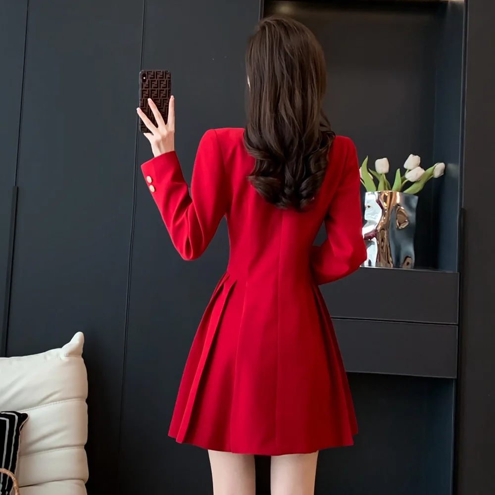 Elegant Women Blazer Dress Korean Fashion Trench Double Breasted Lengthened Lapel Female Clothing Office Ladies Formal Jacket